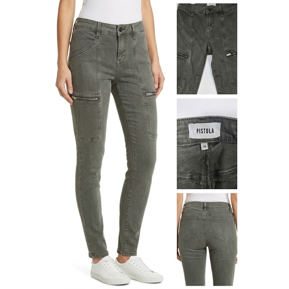 Pistola Utility Skinny Cargo Pants Womens 25 Olive Green Zip Pockets Stretch